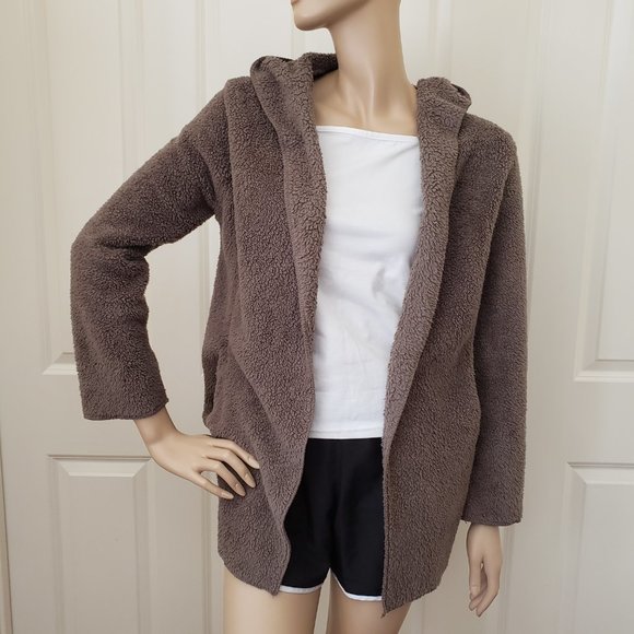 Faux Shearling Teddy Hoodie Jacket SZ S Taupe - Picture 2 of 8